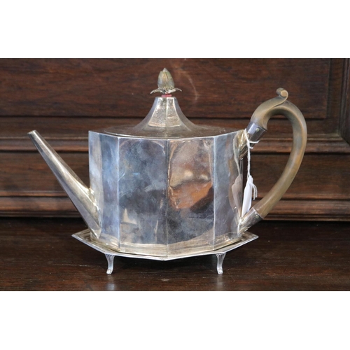 705 - Antique George III hallmarked sterling silver octagonal plain straight sided teapot & stand, both wi... 