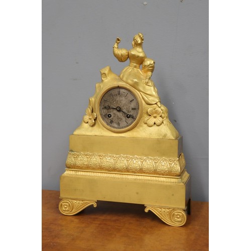 716 - Antique French gilt figural mantle clock, no key and no pendulum, unknown working condition, approx ... 