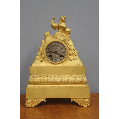 716 - Antique French gilt figural mantle clock, no key and no pendulum, unknown working condition, approx ... 