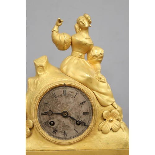 716 - Antique French gilt figural mantle clock, no key and no pendulum, unknown working condition, approx ... 