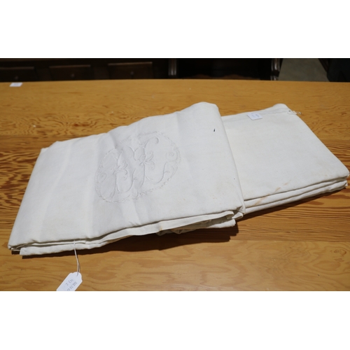 160 - Two linen sheets one embroided with E.L and the other plain, please note there will be no measuremen... 