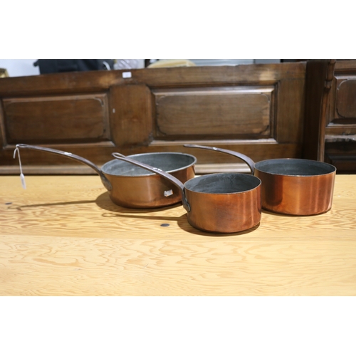 242 - Three large antique French copper pans, each with steel handles, approx 29cm Dia excluding handle an... 