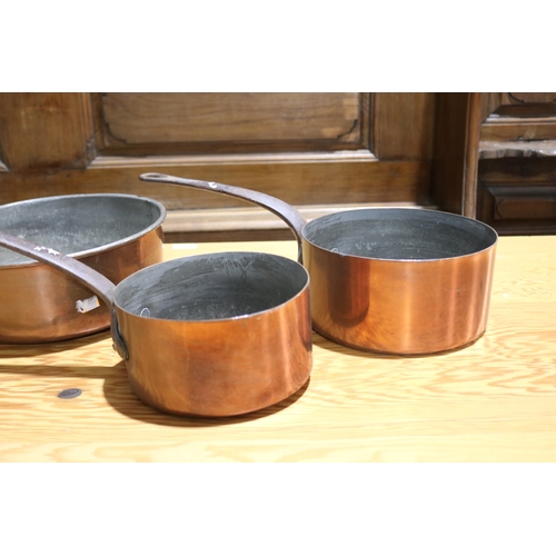 242 - Three large antique French copper pans, each with steel handles, approx 29cm Dia excluding handle an... 