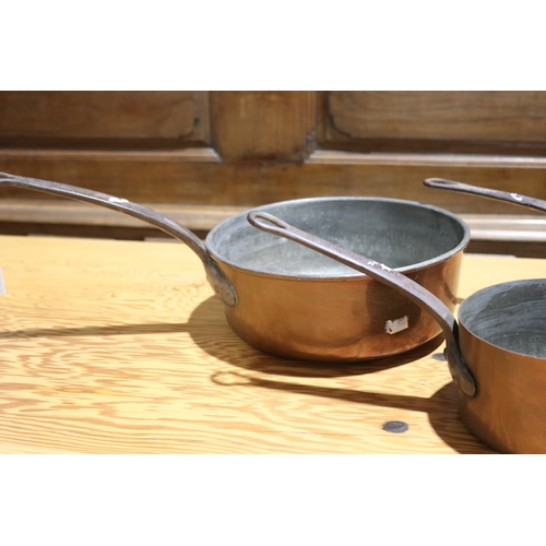 242 - Three large antique French copper pans, each with steel handles, approx 29cm Dia excluding handle an... 