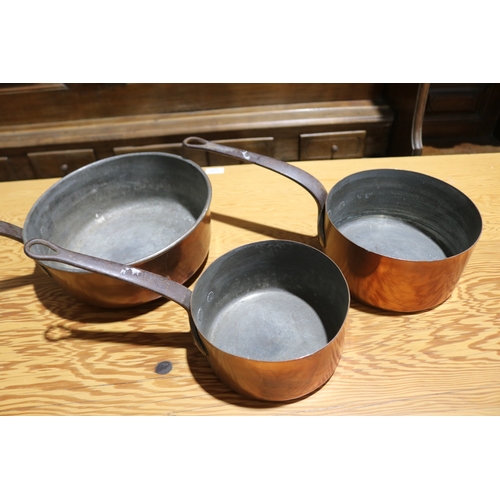 242 - Three large antique French copper pans, each with steel handles, approx 29cm Dia excluding handle an... 