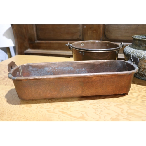 243 - Antique French copper fish kettle, iron handled copper pot, copper jug & Likely North African hand b... 