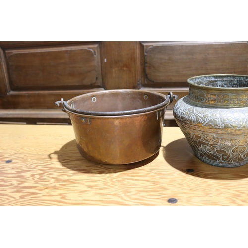 243 - Antique French copper fish kettle, iron handled copper pot, copper jug & Likely North African hand b... 