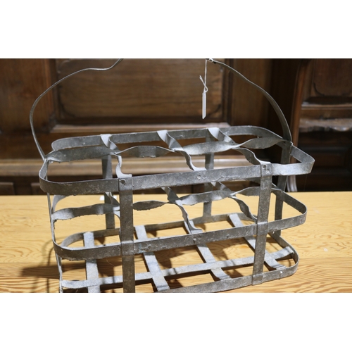 253 - Vintage French eight slot gal metal bottle carrier, approx 40cm H including handle x 41cm W x 21cm D