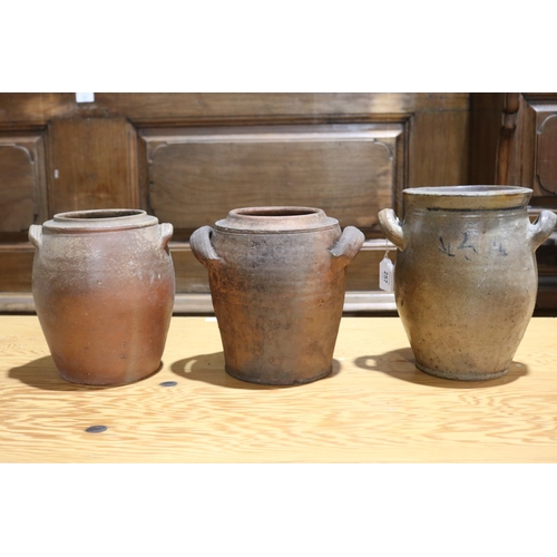 257 - Three antique French pottery  pots, approx 23cm H and shorter (3)