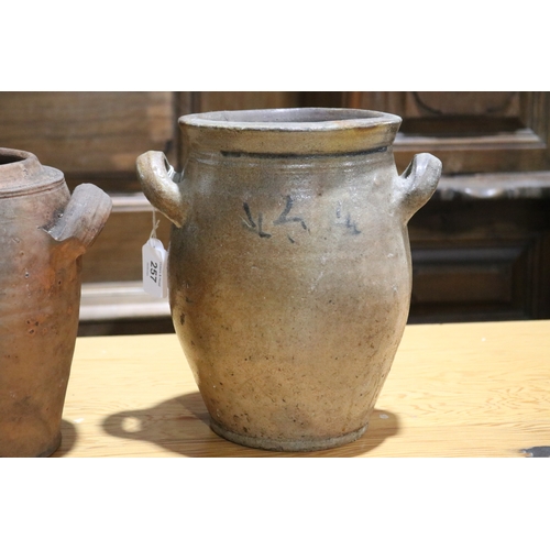 257 - Three antique French pottery  pots, approx 23cm H and shorter (3)