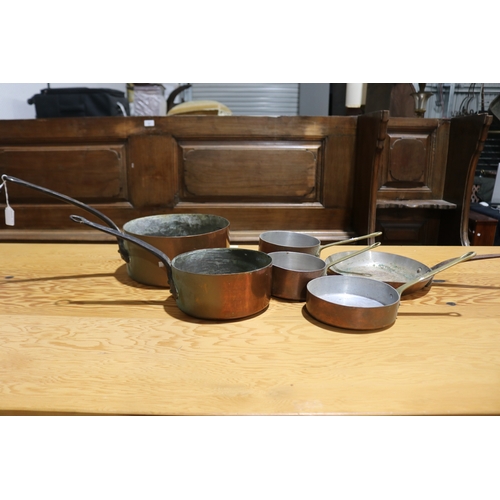 258 - Good lot of French copper saucepans, most with wrought iron handles, three with brass, approx 28cm D... 