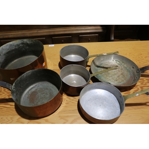 258 - Good lot of French copper saucepans, most with wrought iron handles, three with brass, approx 28cm D... 