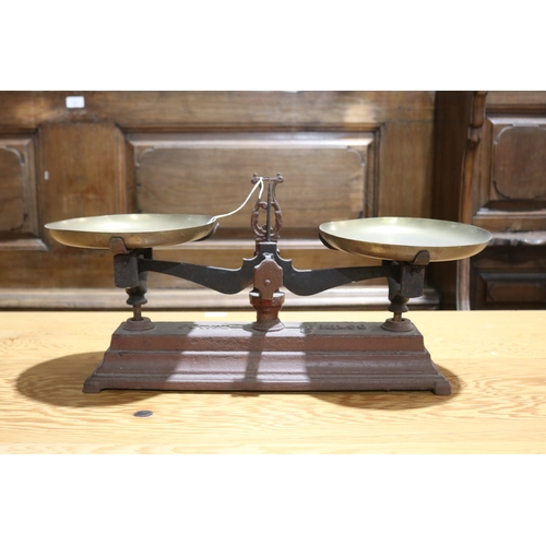 260 - Set of antique French balance beam weighing scales, brass pans  approx 27cm H x 57cm W