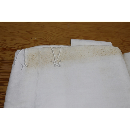 265 - Two antique linen sheets one embroidered with N.P and the other (Please note no measurements for thi... 