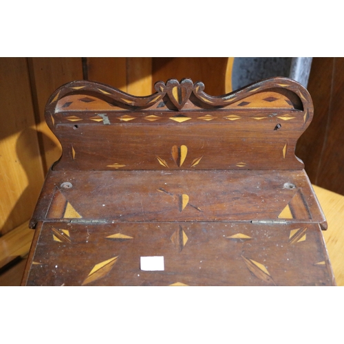 165 - Unusual antique folk art inlaid lift top box with shaped back board, approx 28cm H x 34cm W x 41cm D