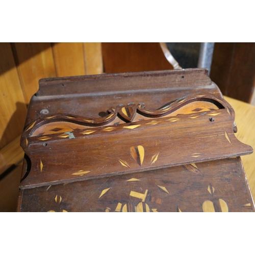 165 - Unusual antique folk art inlaid lift top box with shaped back board, approx 28cm H x 34cm W x 41cm D