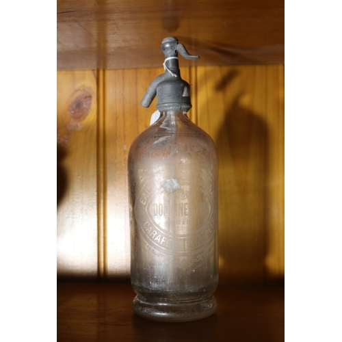 218 - Antique French clear glass soda siphon, etched Domaine De Pins, approx 30cm H