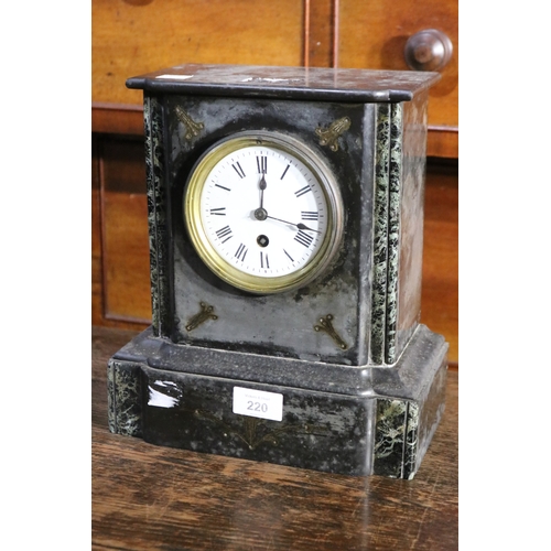 220 - Antique black slate mantle clock, no key and no pendulum, untested, approx 28cm H x 24cm W x 14cm D