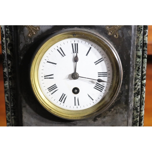 220 - Antique black slate mantle clock, no key and no pendulum, untested, approx 28cm H x 24cm W x 14cm D