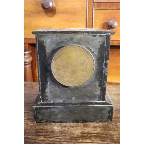 220 - Antique black slate mantle clock, no key and no pendulum, untested, approx 28cm H x 24cm W x 14cm D