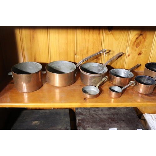 223 - Good collection of antique French copper pans & pots, approx 14cm Dia excluding handle and smaller