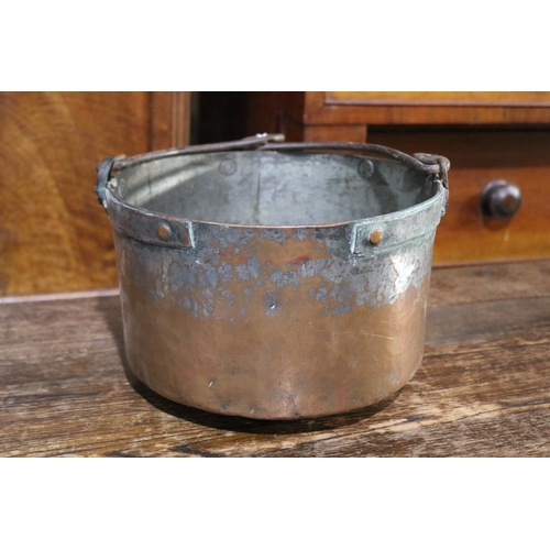 234 - Antique 18th century French copper & wrought iron swing handled pot, approx 19cm H excluding handle ... 