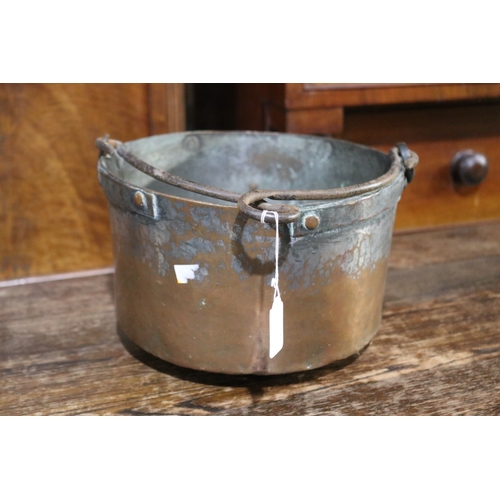 234 - Antique 18th century French copper & wrought iron swing handled pot, approx 19cm H excluding handle ... 