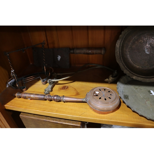 238 - Assortment- antique meat cleaver, rare miniature antique French bed warming pan, etc copper pieces, ... 