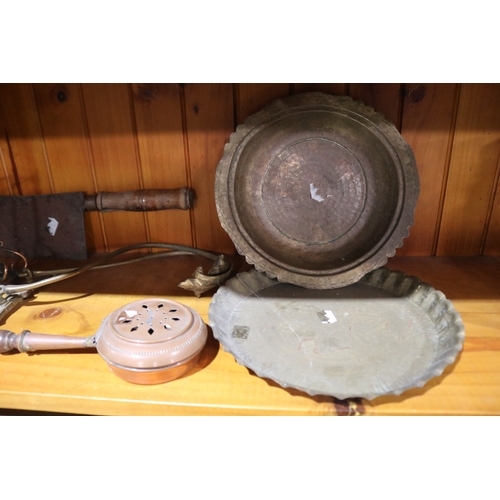238 - Assortment- antique meat cleaver, rare miniature antique French bed warming pan, etc copper pieces, ... 