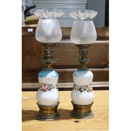 289 - Pair of antique French porcelain bodied oil lamps, converted to electric lights, each approx 51cm H ... 