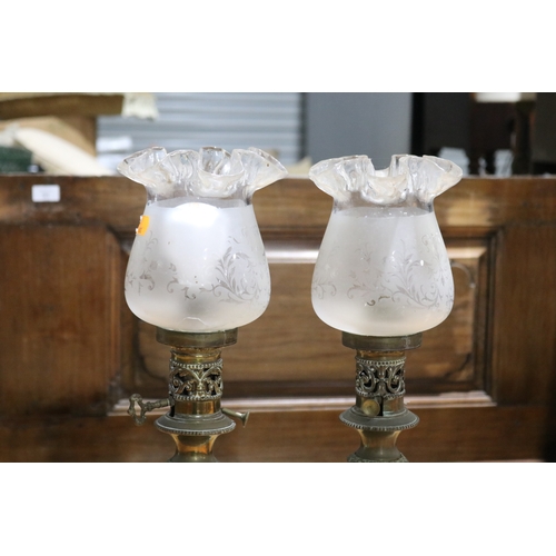 289 - Pair of antique French porcelain bodied oil lamps, converted to electric lights, each approx 51cm H ... 