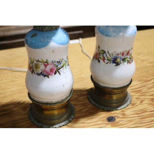 289 - Pair of antique French porcelain bodied oil lamps, converted to electric lights, each approx 51cm H ... 