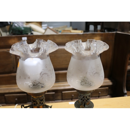 289 - Pair of antique French porcelain bodied oil lamps, converted to electric lights, each approx 51cm H ... 