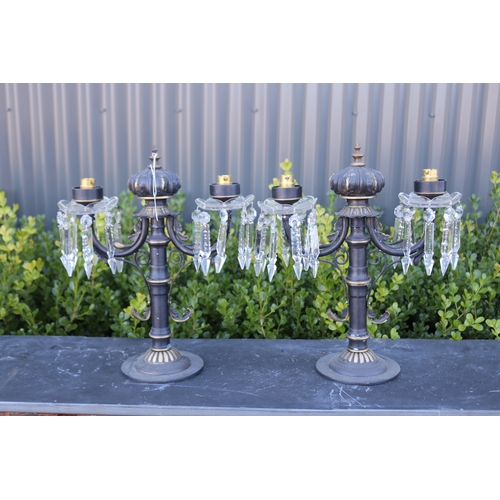 322 - Pair of two light painted brass candelabrum , with applied drop lustres, each approx 38cm H x 32cm W... 