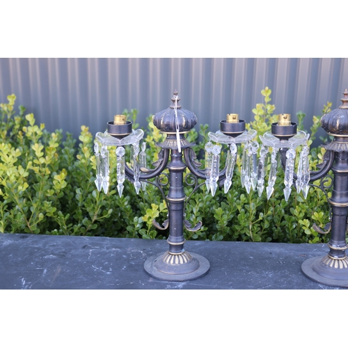 322 - Pair of two light painted brass candelabrum , with applied drop lustres, each approx 38cm H x 32cm W... 