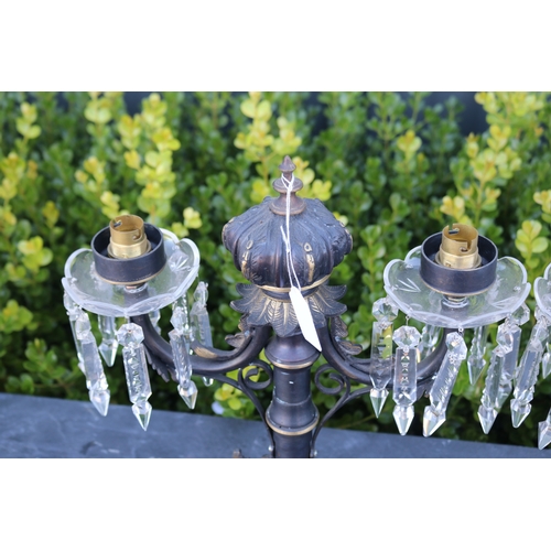 322 - Pair of two light painted brass candelabrum , with applied drop lustres, each approx 38cm H x 32cm W... 