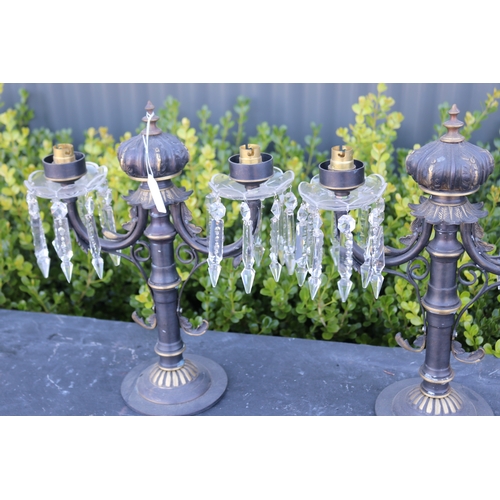 322 - Pair of two light painted brass candelabrum , with applied drop lustres, each approx 38cm H x 32cm W... 