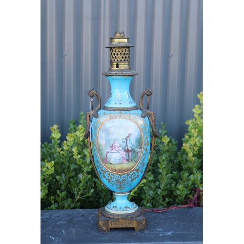 323 - Antique Sevres porcelain baluster lamp base, with gilt metal mounts, English plug, approx 56cm H