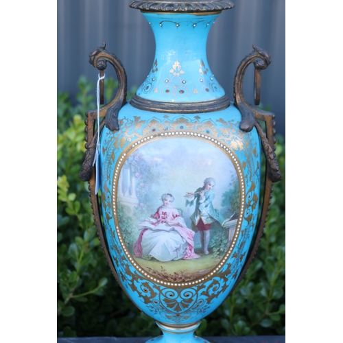 323 - Antique Sevres porcelain baluster lamp base, with gilt metal mounts, English plug, approx 56cm H