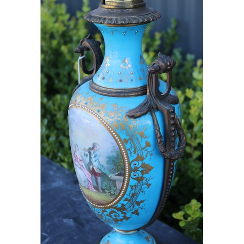 323 - Antique Sevres porcelain baluster lamp base, with gilt metal mounts, English plug, approx 56cm H