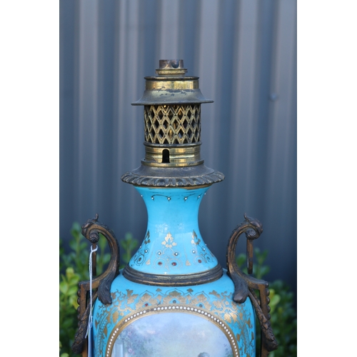 323 - Antique Sevres porcelain baluster lamp base, with gilt metal mounts, English plug, approx 56cm H