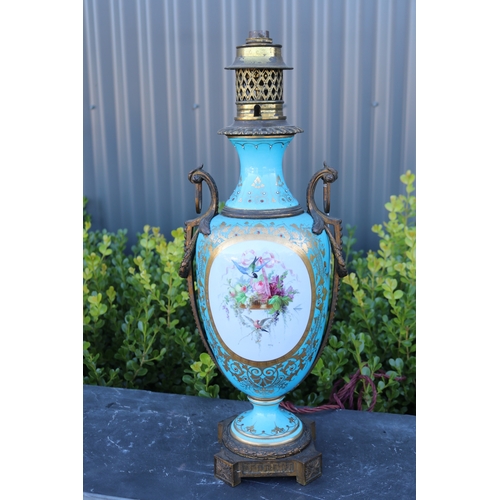 323 - Antique Sevres porcelain baluster lamp base, with gilt metal mounts, English plug, approx 56cm H