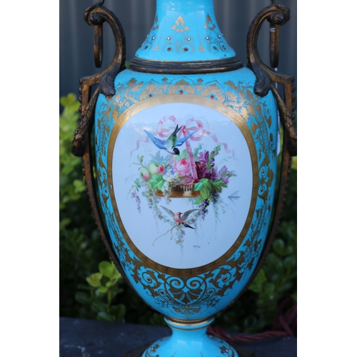 323 - Antique Sevres porcelain baluster lamp base, with gilt metal mounts, English plug, approx 56cm H