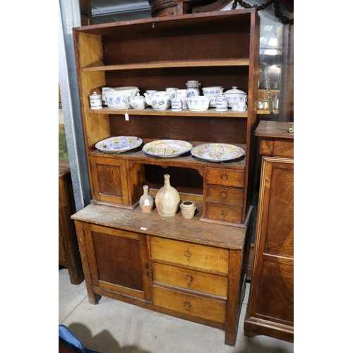 362 - Antique early 20th century oak two height dresser, for restoration, approx 200cm H x 115cm W x 56cm ... 