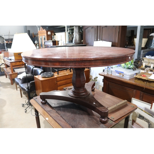 304 - Antique ebony strung cedar circular snap top dining table, sectional support, on tri form base appro... 