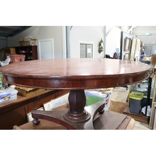 304 - Antique ebony strung cedar circular snap top dining table, sectional support, on tri form base appro... 