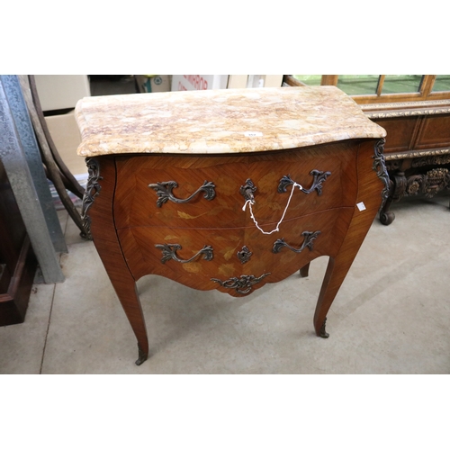 352 - Vintage French marble topped two drawer commode, approx 77cm H x 80cm W x 42cm D