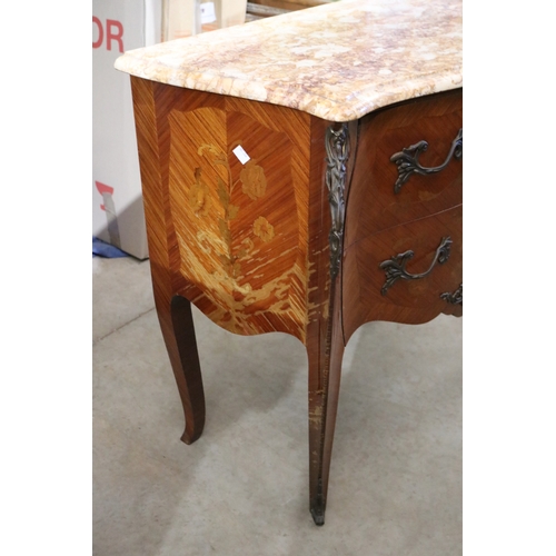 352 - Vintage French marble topped two drawer commode, approx 77cm H x 80cm W x 42cm D