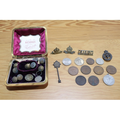 737 - Small collection of buttons, badges coins, Royal Corps of Signals, North Western Railway silver key ... 