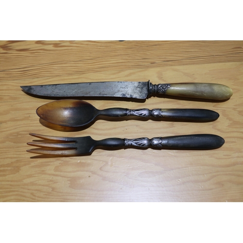 739 - Set of antique French horn salad servers along with bone handle carving knife (3)